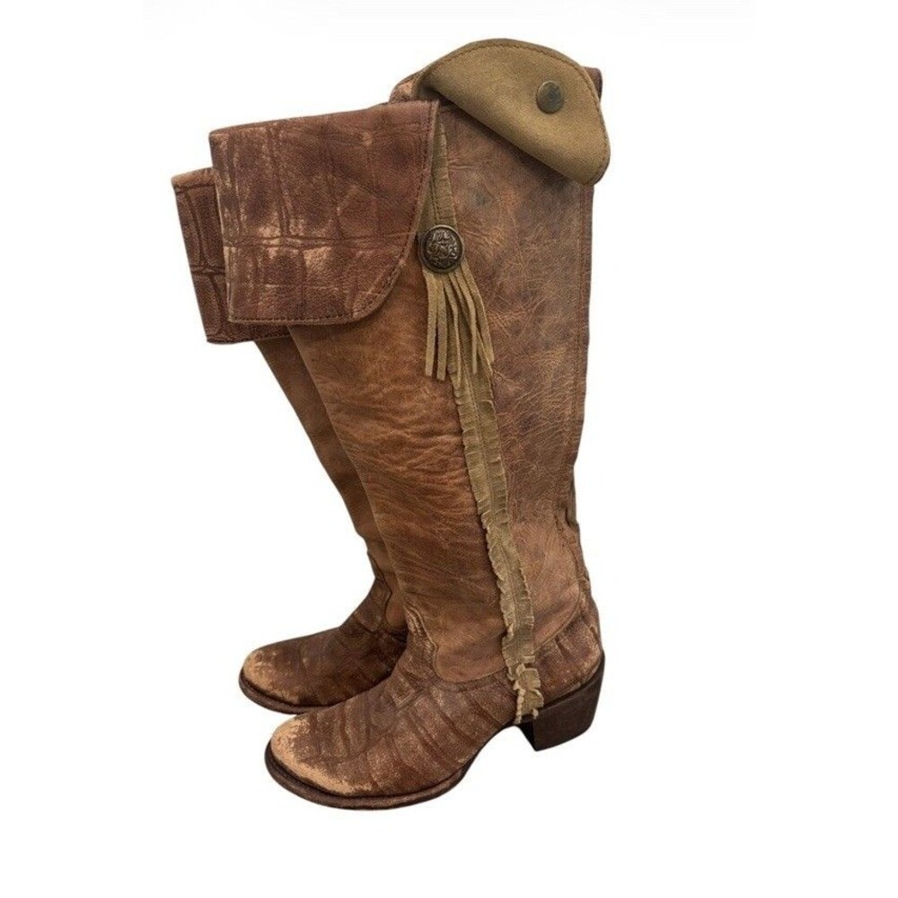 Corral Womens Knee High Zip Up Brown Fringe Studs Alligator Western Boots 8.5
